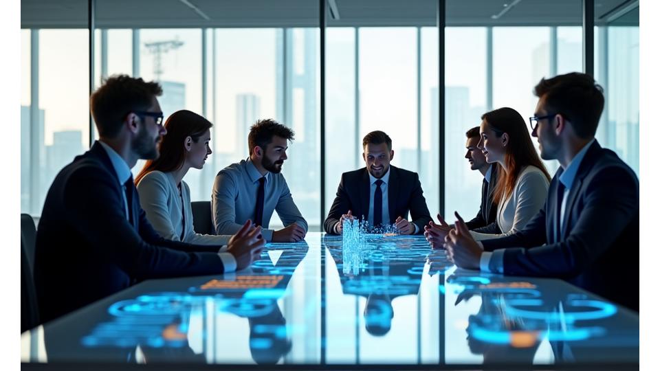 Une équipe diverse de professionnels collabore autour d'une table avec des écrans holographiques présentant des idées d'éducation numérique, symbolisant l'innovation et la collaboration de Mosaïque Apprentie.
