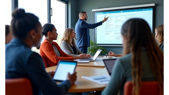 Formateurs engageant des éducateurs dans un atelier de développement professionnel, utilisant des technologies modernes.