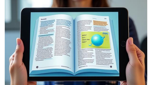 Manuels numériques interactifs montrant des graphiques 3D et des éléments de quiz sur une tablette.